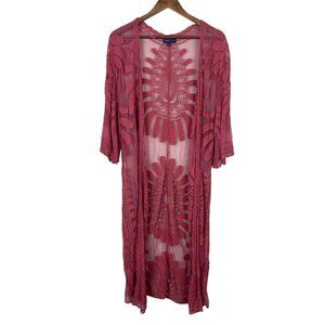 Artesia Duster Kimono Womens Large Pink Embroidered Mesh Sheer 3/4 Sleeve Boho L